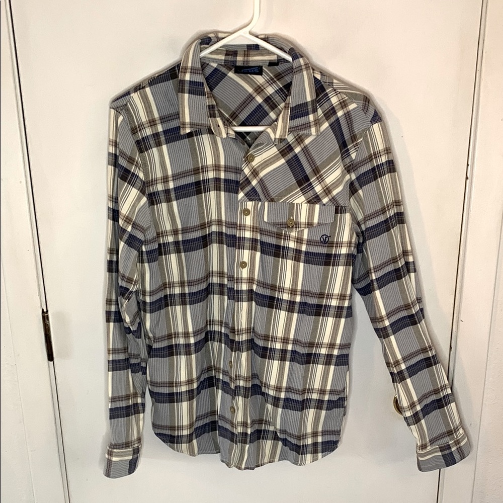 Vans blue taupe off white long sleeve button down cotton shirt Size Medium